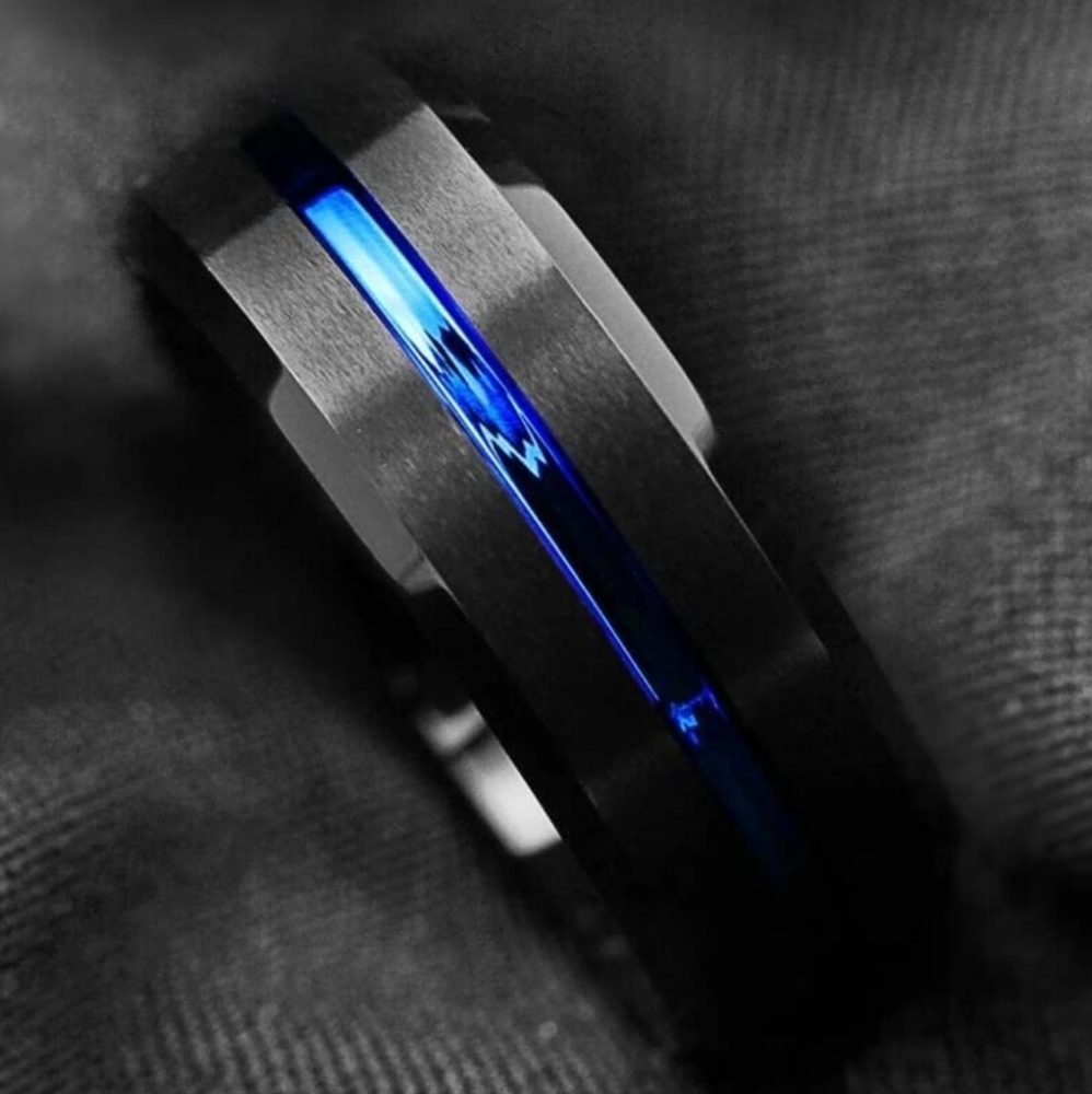 8MM NWT Stainless Steel Black with Center Blue Streak Ring, Size 10 - Picture 3 of 8